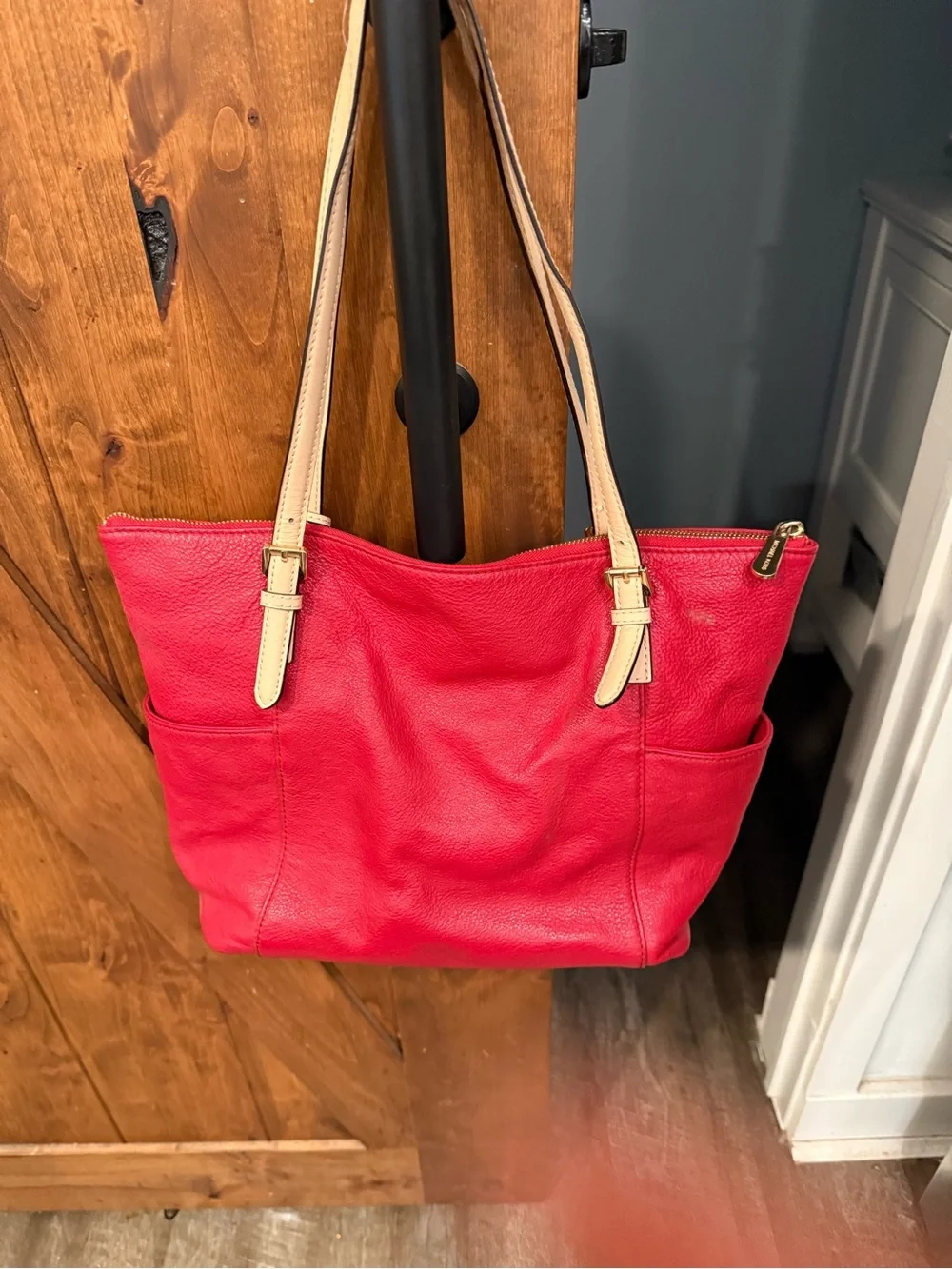 Michael Kors Jet Set Red Leather Tote with Cream Straps and Gold MK Charm
